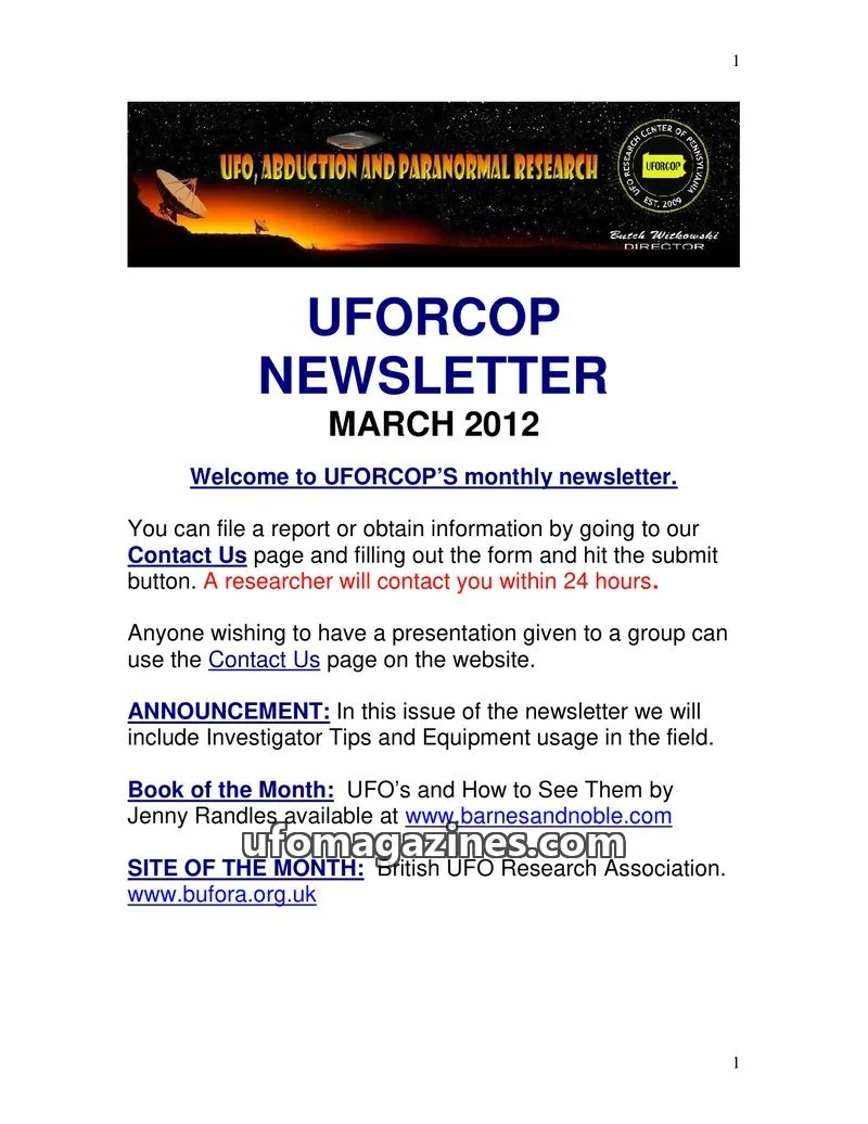 Cover of UFORCOP issue March 2012: UFORCOP NEWSLETTER