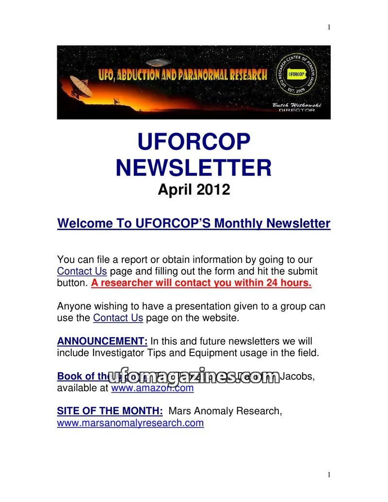 Cover of UFORCOP issue April 2012: UFORCOP NEWSLETTER