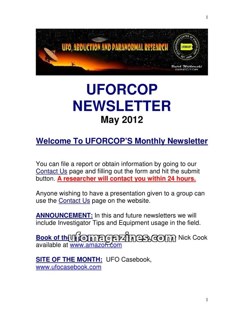 Cover of UFORCOP issue May 2012: UFORCOP NEWSLETTER