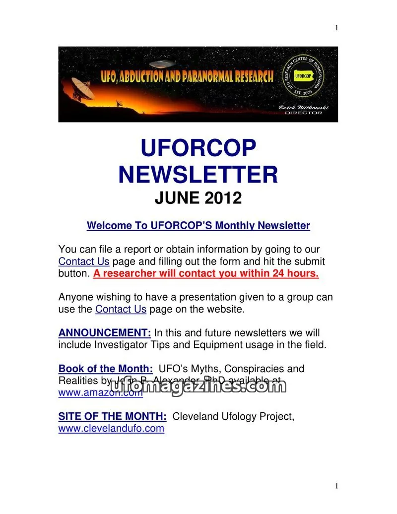 Cover of UFORCOP issue JUNE 2012: UFORCOP NEWSLETTER