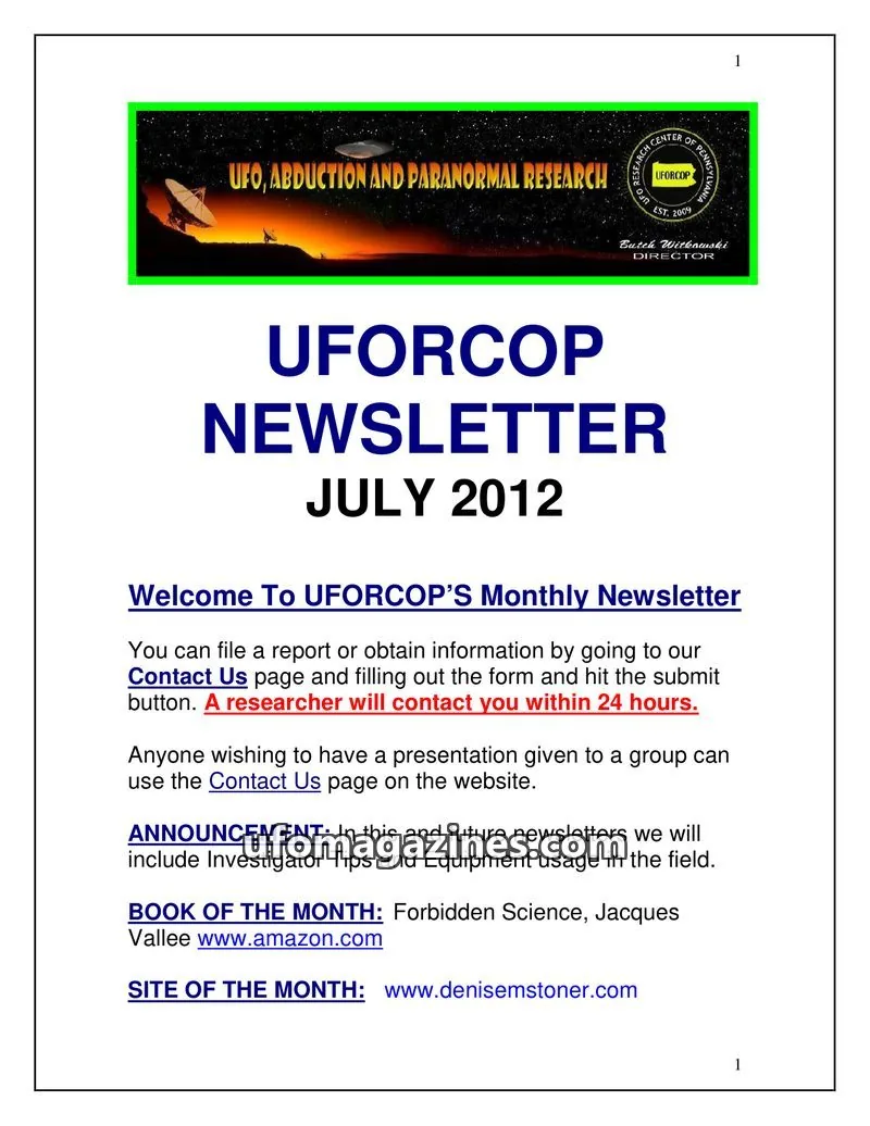 Cover of UFORCOP issue JULY 2012: UFORCOP NEWSLETTER
