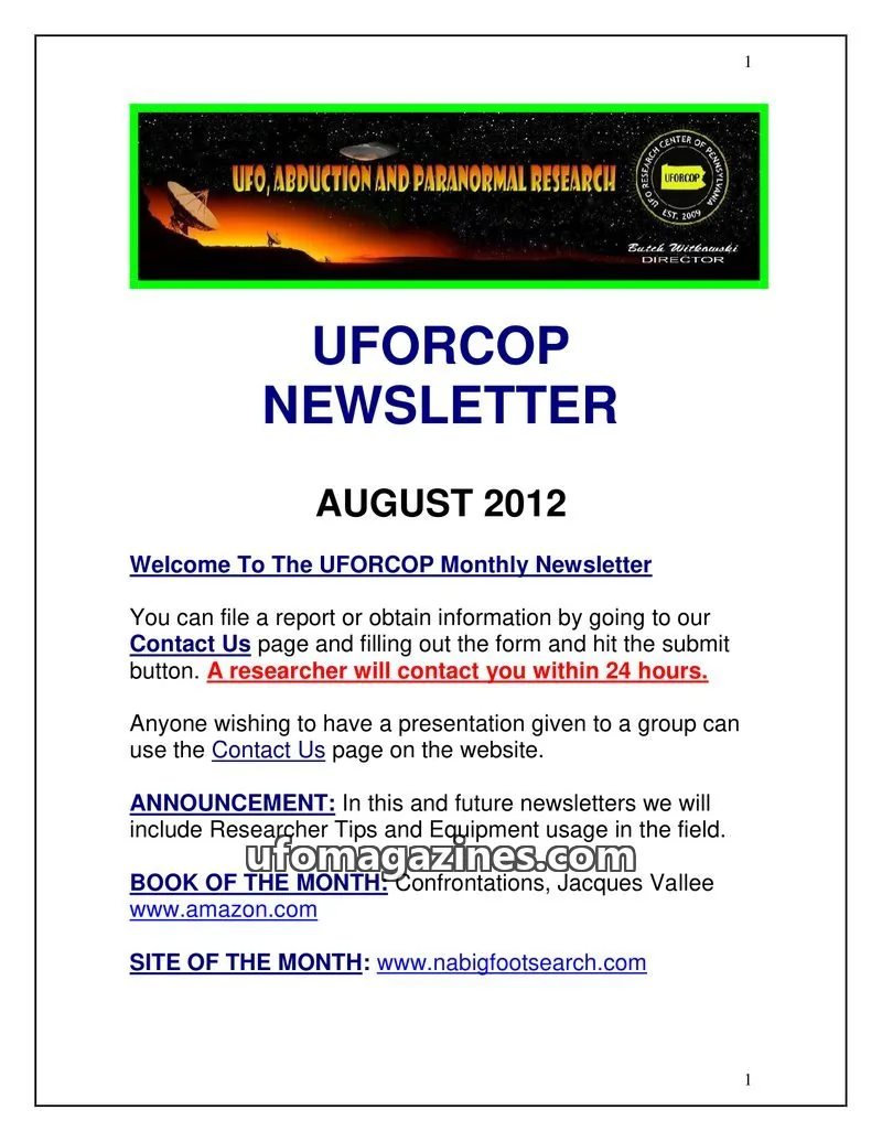 Cover of UFORCOP issue August 2012: UFORCOP NEWSLETTER
