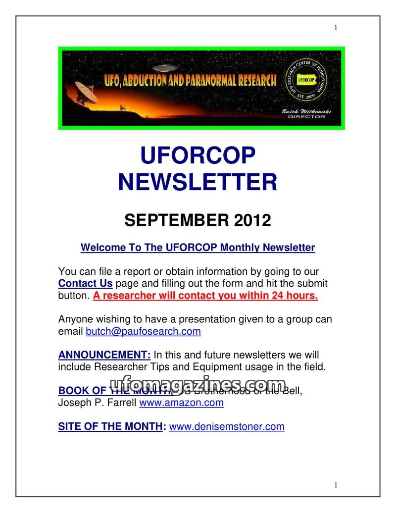 Cover of UFORCOP issue SEPTEMBER 2012: UFORCOP NEWSLETTER