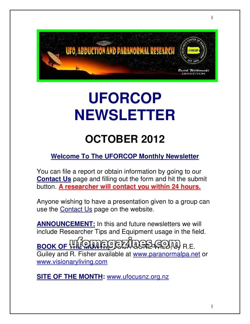 Cover of UFORCOP issue October 2012: UFORCOP NEWSLETTER