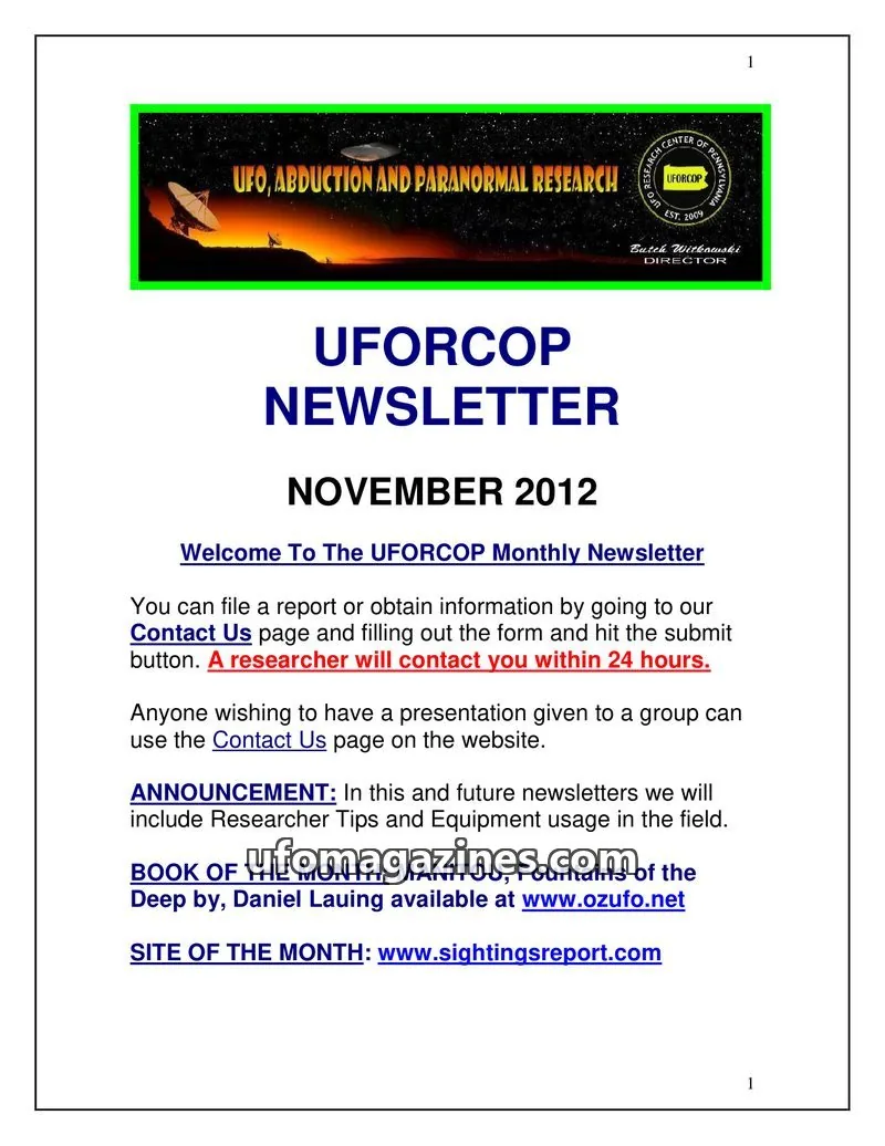 Cover of UFORCOP issue November 2012: UFORCOP NEWSLETTER