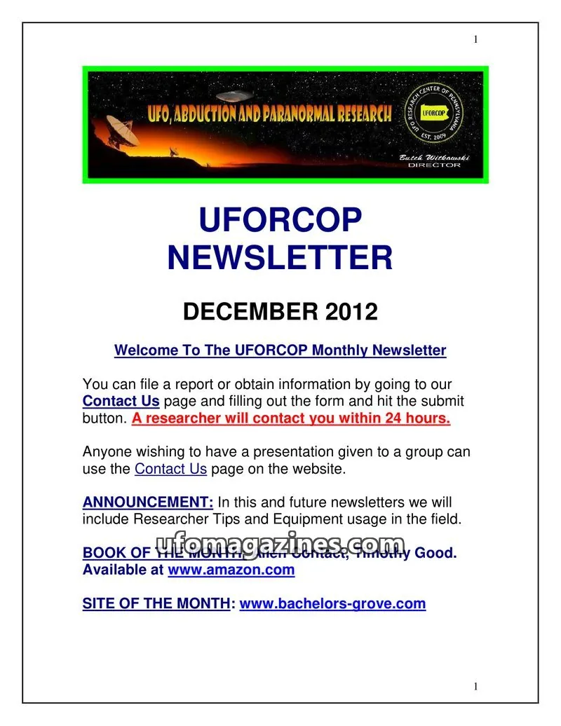 Cover of UFORCOP issue December 2012: UFORCOP NEWSLETTER