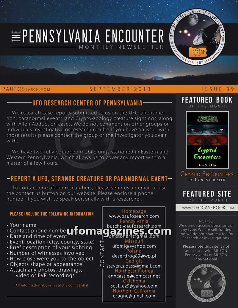 Cover of UFORC of Pennsylvania (Butch Witkowski) issue 39: PENNSYLVANIA ENCOUNTER