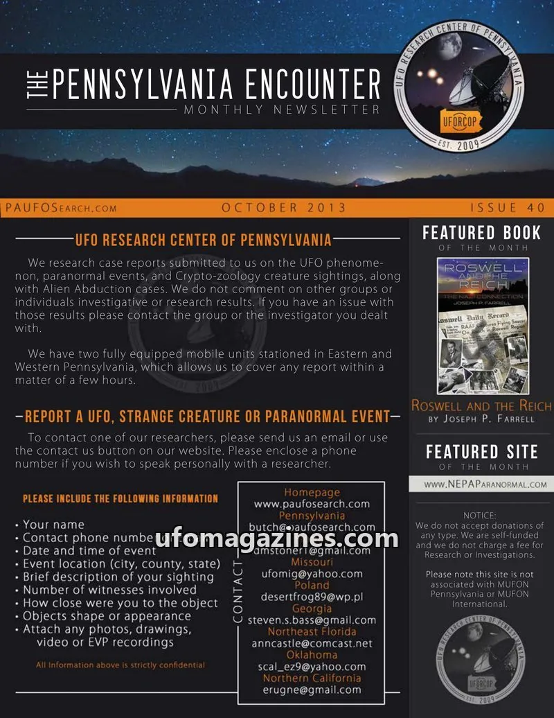 Cover of UFORC of Pennsylvania (Butch Witkowski) issue 40: PENNSYLVANIA ENCOUNTER