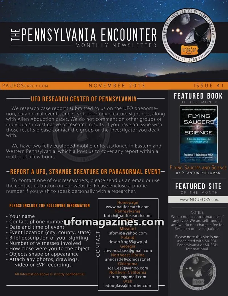 Cover of UFORC of Pennsylvania (Butch Witkowski) issue 41: PENNSYLVANIA ENCOUNTER