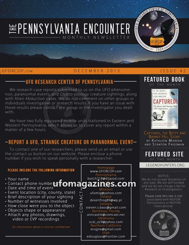 Cover of UFORC of Pennsylvania (Butch Witkowski) issue 42: PENNSYLVANIA ENCOUNTER