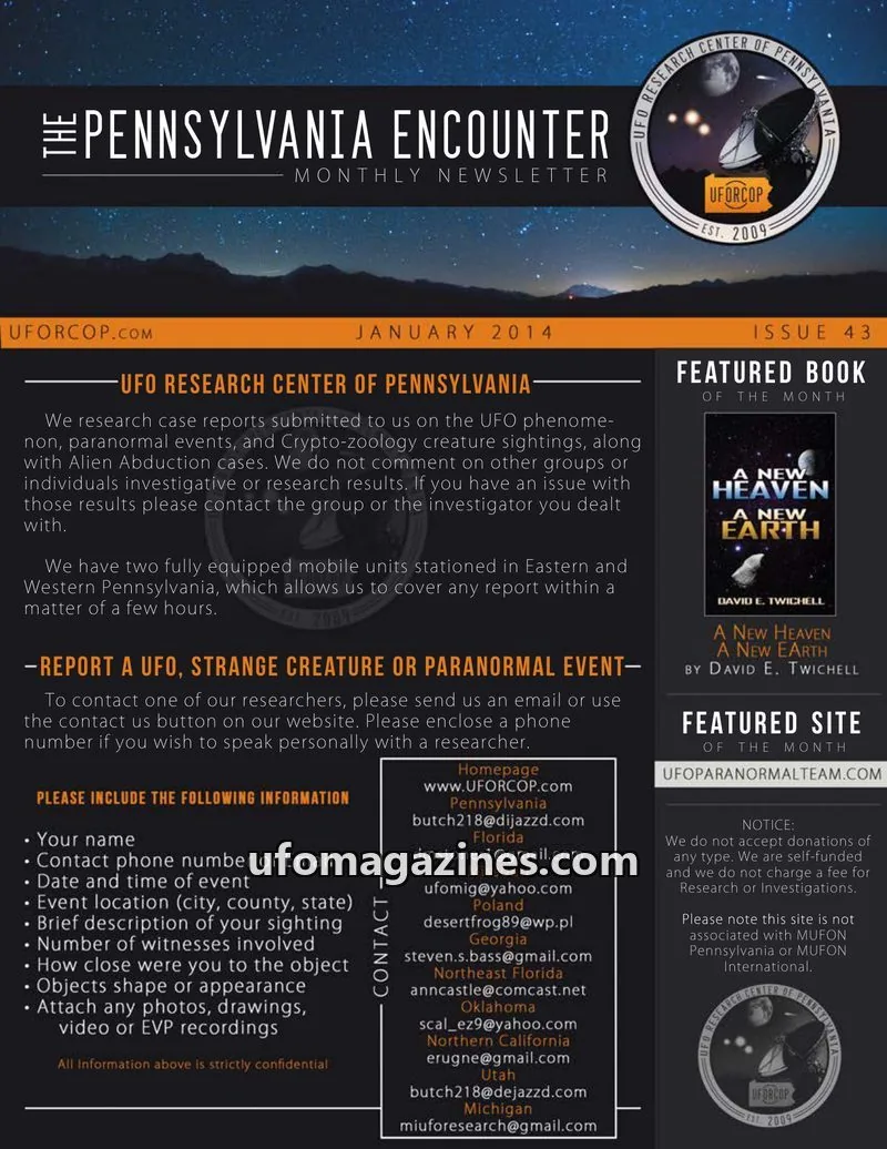 Cover of UFORC of Pennsylvania (Butch Witkowski) issue 43: PENNSYLVANIA ENCOUNTER