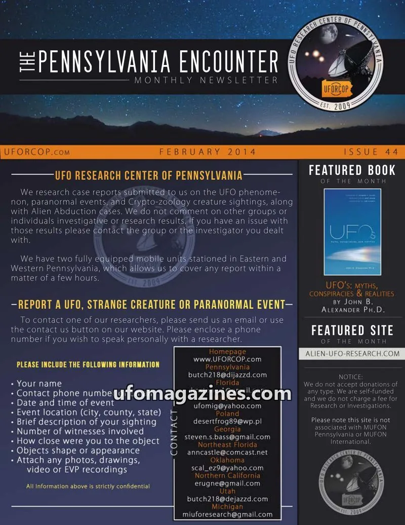 Cover of UFORC of Pennsylvania (Butch Witkowski) issue 44: PENNSYLVANIA ENCOUNTER