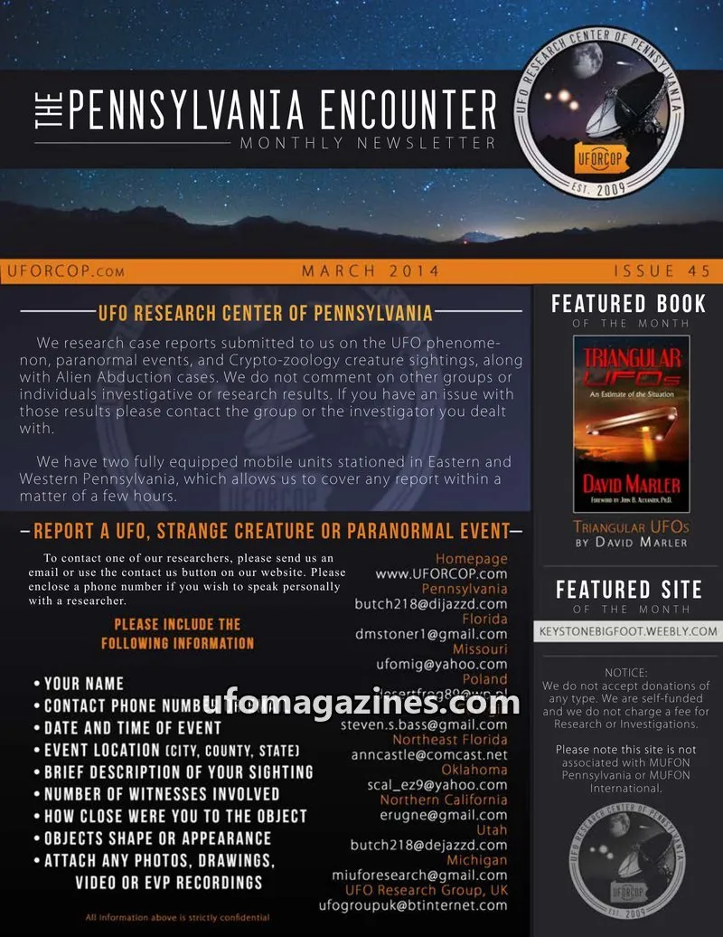 Cover of UFORC of Pennsylvania (Butch Witkowski) issue 45: PENNSYLVANIA ENCOUNTER