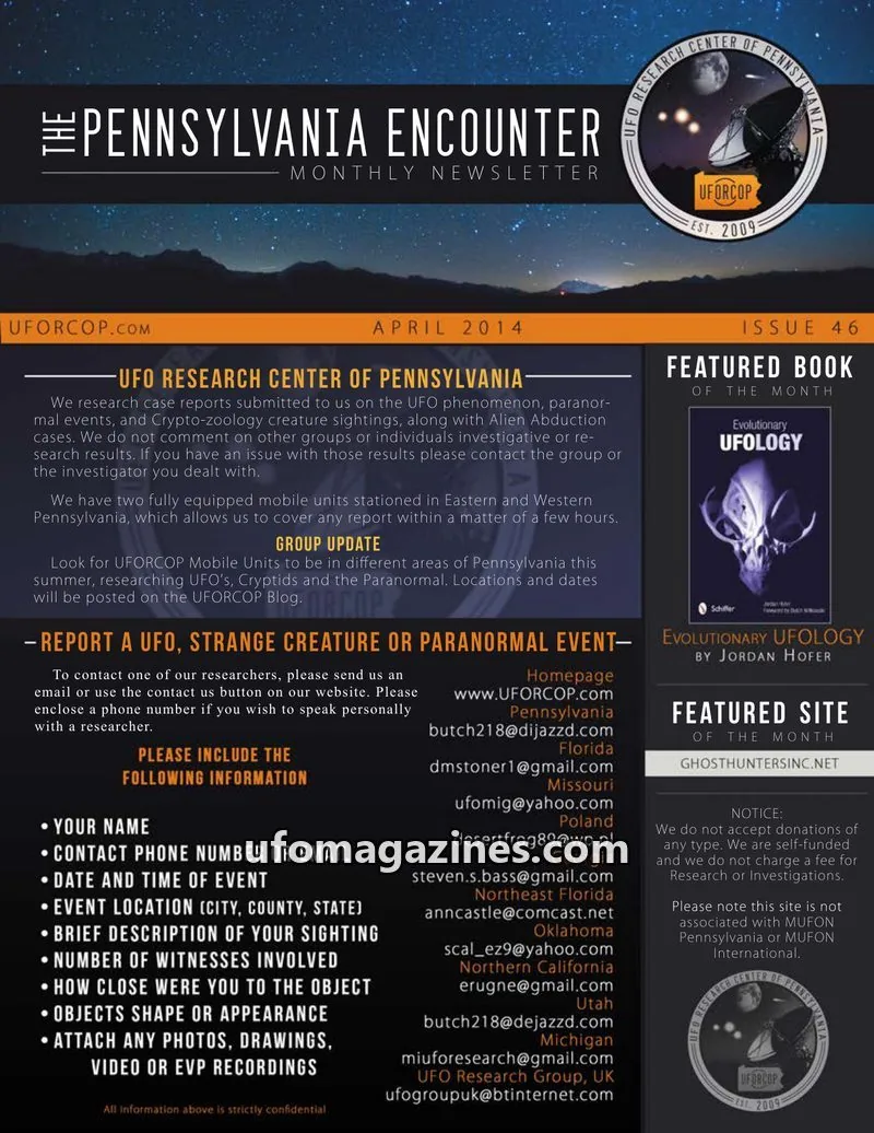 Cover of UFORCOP issue 46: PENNSYLVANIA ENCOUNTER MONTHLY NEWSLETTER