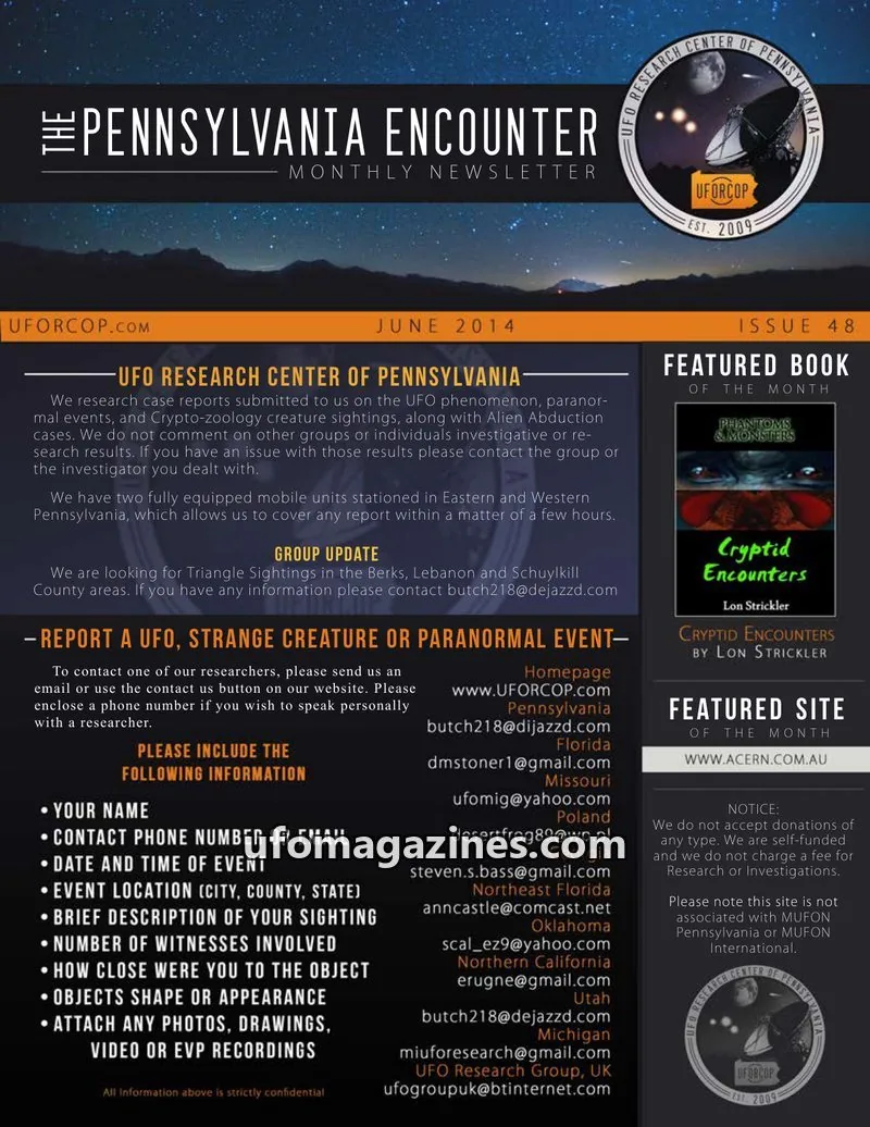 Cover of UFORC of Pennsylvania (Butch Witkowski) issue 48: PENNSYLVANIA ENCOUNTER