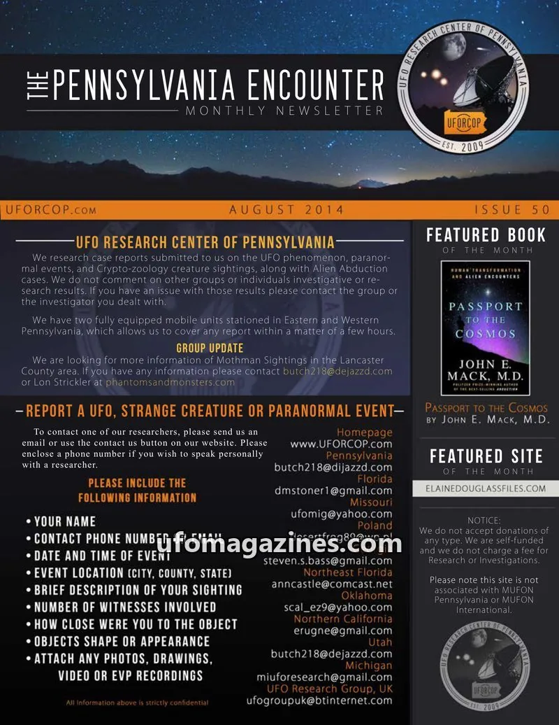 Cover of UFORC of Pennsylvania (Butch Witkowski) issue 50: PENNSYLVANIA ENCOUNTER