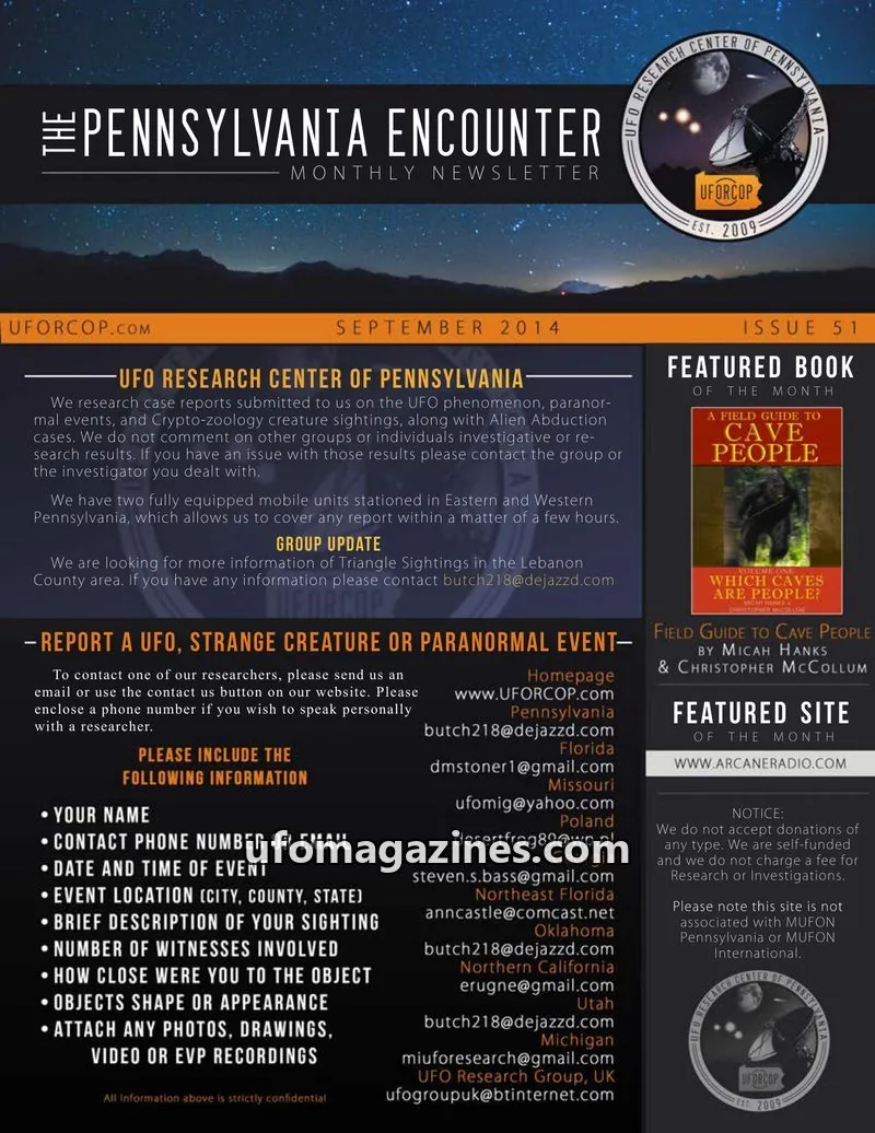 Cover of UFORC of Pennsylvania (Butch Witkowski) issue 51: PENNSYLVANIA ENCOUNTER