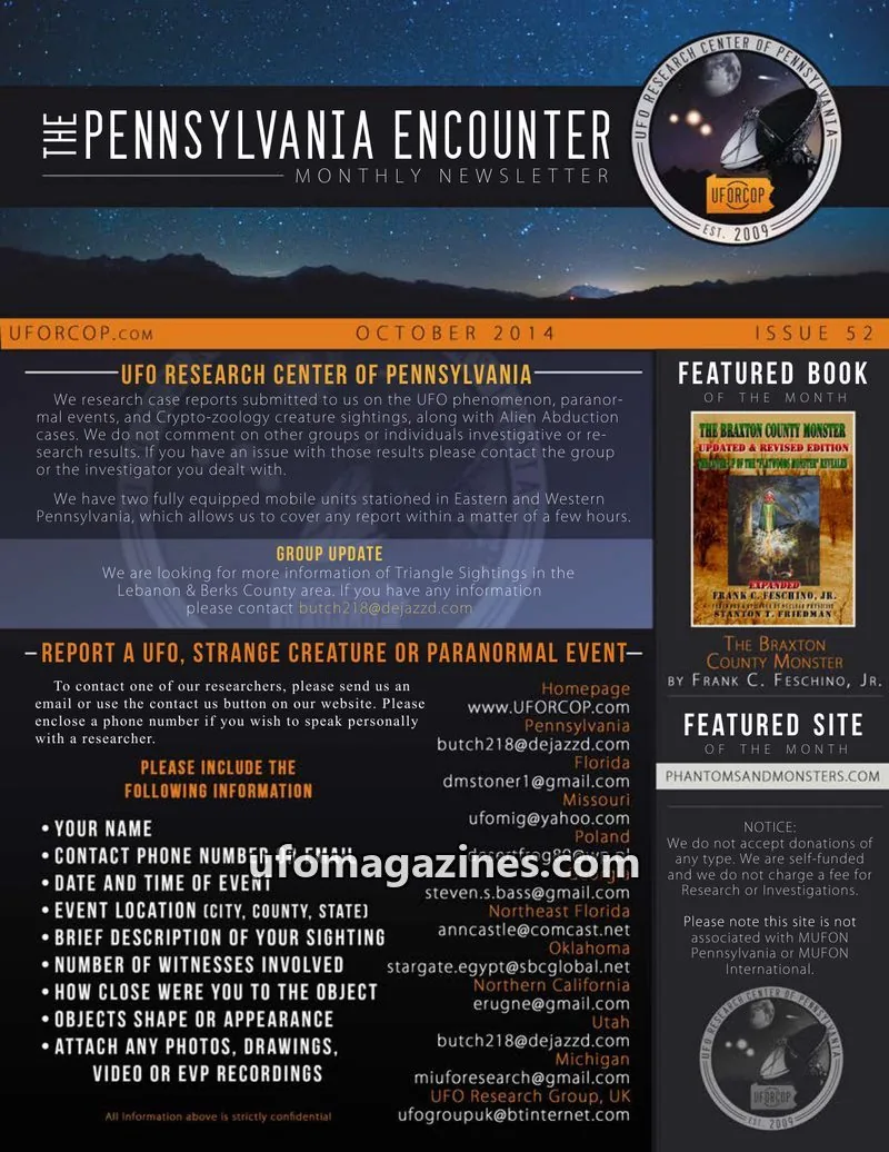 Cover of UFORC of Pennsylvania (Butch Witkowski) issue 52: PENNSYLVANIA ENCOUNTER
