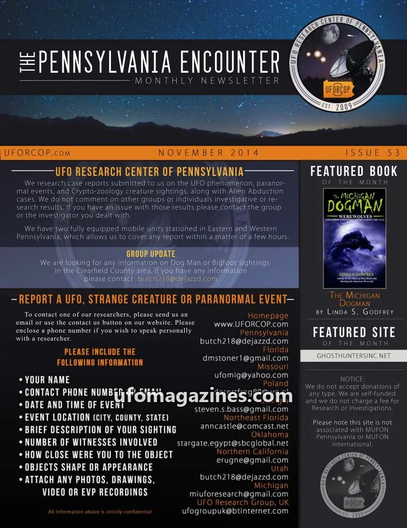 Cover of UFORC of Pennsylvania (Butch Witkowski) issue 53: PENNSYLVANIA ENCOUNTER