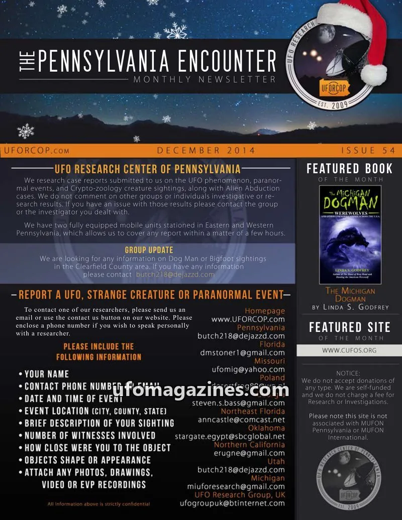Cover of UFORC of Pennsylvania (Butch Witkowski) issue 54: PENNSYLVANIA ENCOUNTER