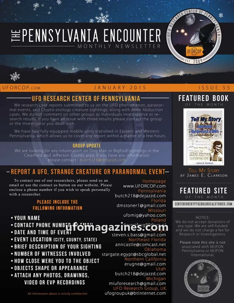 Cover of UFORC of Pennsylvania (Butch Witkowski) issue ISSUE 55: PENNSYLVANIA ENCOUNTER