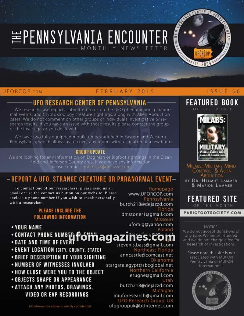 Cover of UFORC of Pennsylvania (Butch Witkowski) issue ISSUE 56: PENNSYLVANIA ENCOUNTER