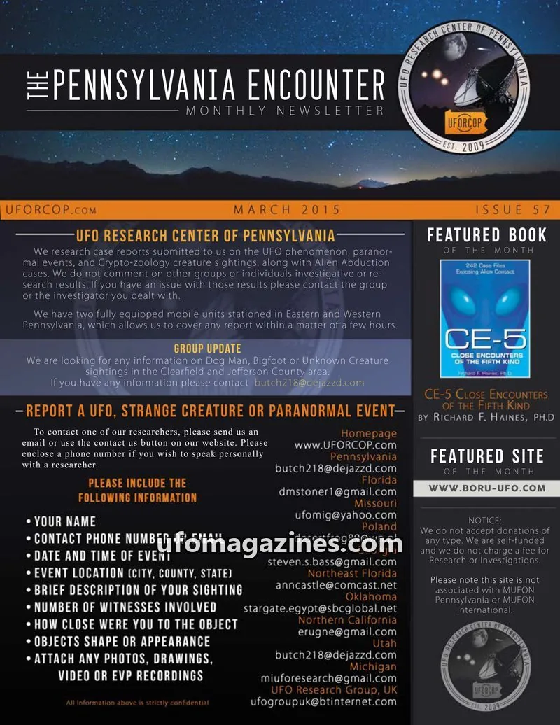 Cover of UFORC of Pennsylvania (Butch Witkowski) issue ISSUE 57: PENNSYLVANIA ENCOUNTER
