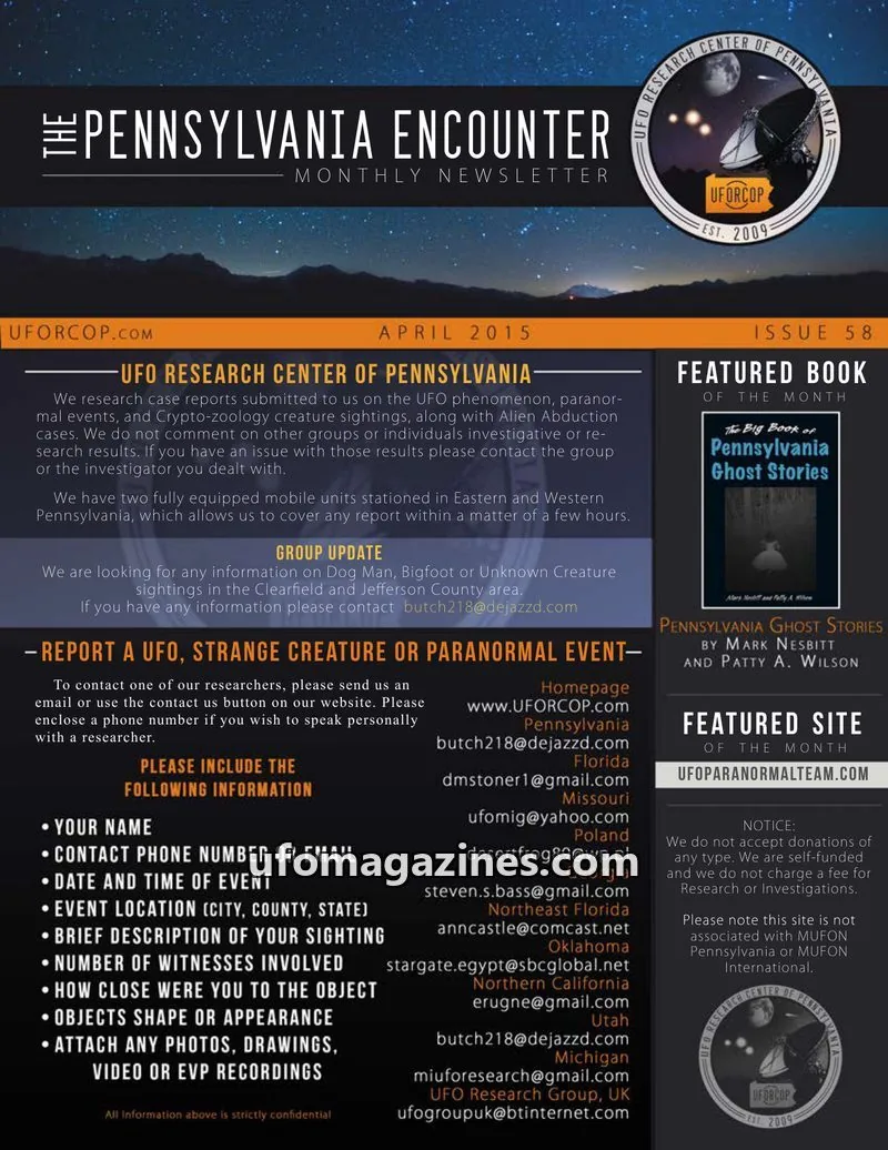 Cover of UFORC of Pennsylvania (Butch Witkowski) issue 58: PENNSYLVANIA ENCOUNTER
