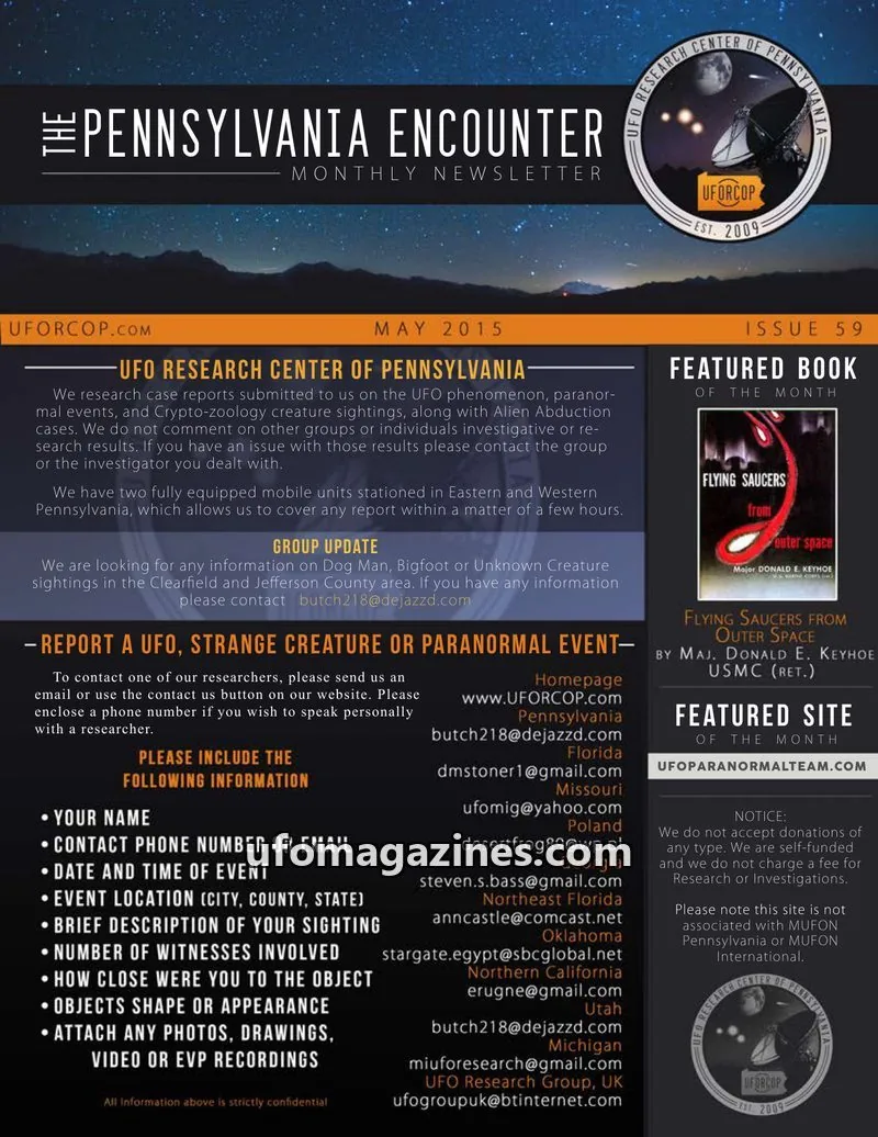 Cover of UFORC of Pennsylvania (Butch Witkowski) issue 59: PENNSYLVANIA ENCOUNTER