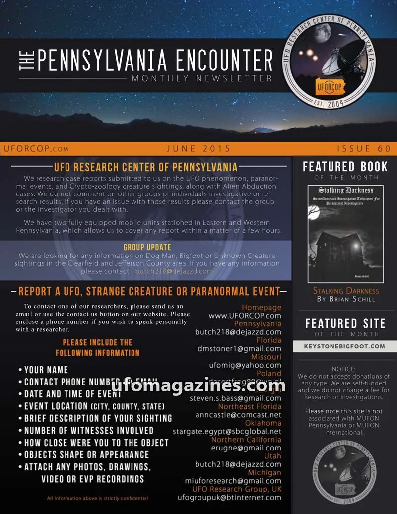 Cover of UFORC of Pennsylvania (Butch Witkowski) issue 60: PENNSYLVANIA ENCOUNTER