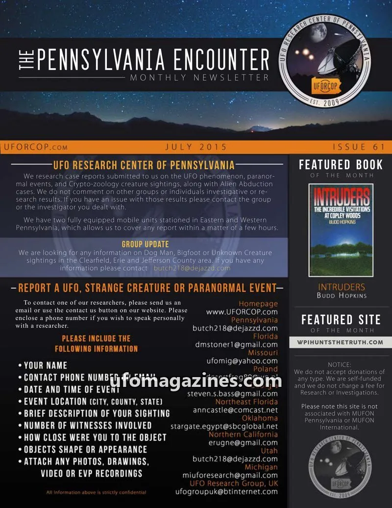 Cover of UFORC of Pennsylvania (Butch Witkowski) issue 61: PENNSYLVANIA ENCOUNTER