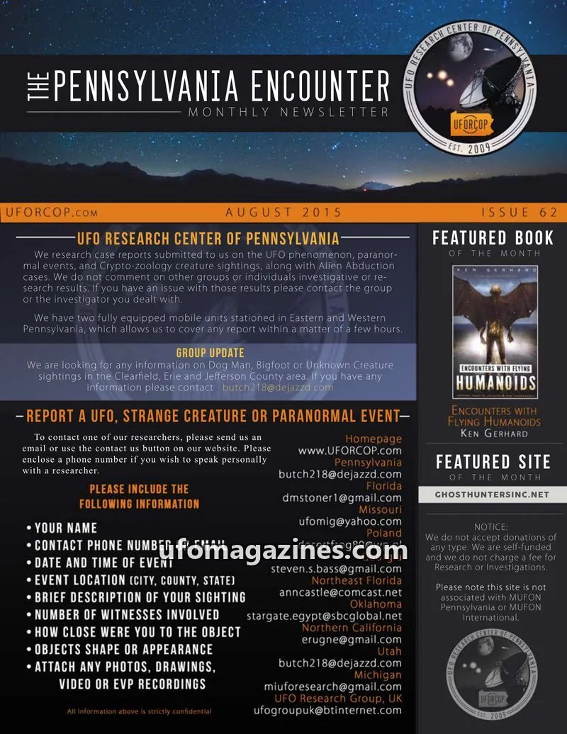 Cover of UFORC of Pennsylvania (Butch Witkowski) issue 62: PENNSYLVANIA ENCOUNTER