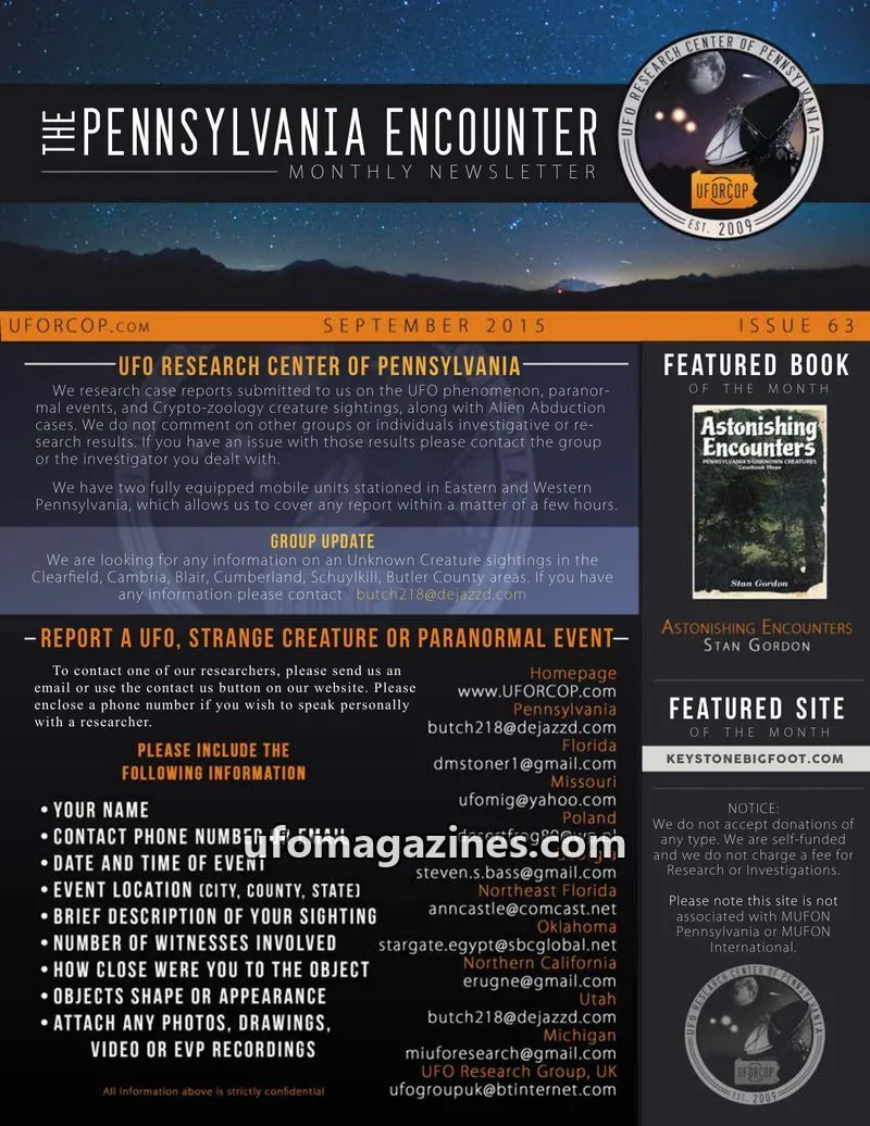 Cover of UFORC of Pennsylvania (Butch Witkowski) issue 63: PENNSYLVANIA ENCOUNTER