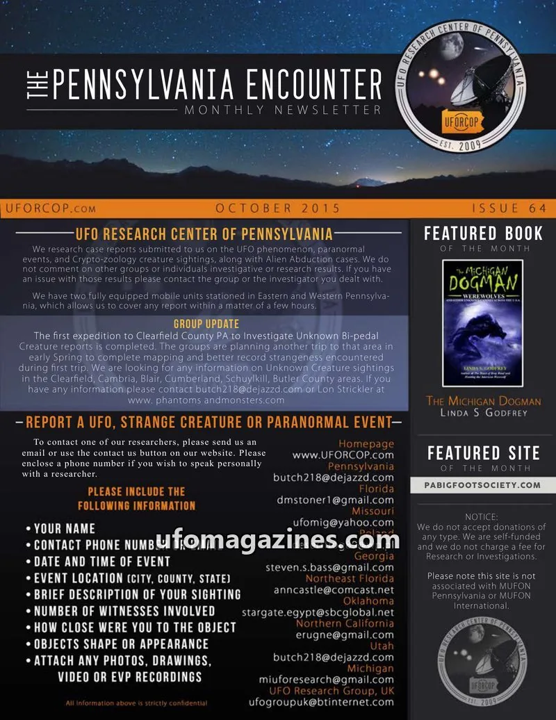 Cover of UFORC of Pennsylvania (Butch Witkowski) issue 64: PENNSYLVANIA ENCOUNTER