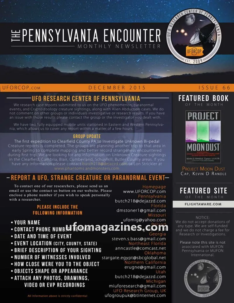 Cover of UFORC of Pennsylvania (Butch Witkowski) issue 66: PENNSYLVANIA ENCOUNTER