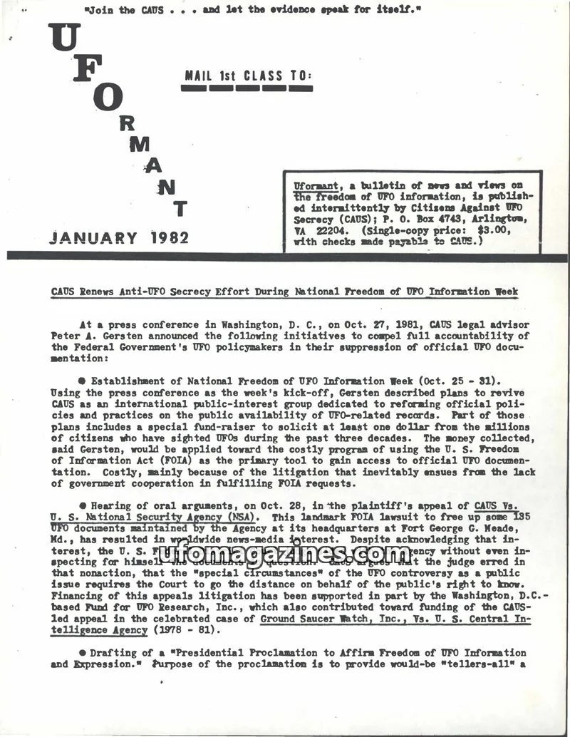 Cover of Uformant (CAUS) issue JANUARY 1982: UFORMANT
