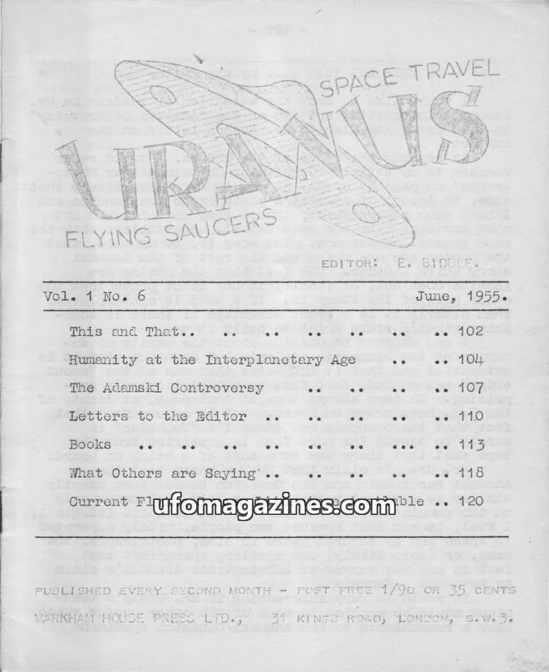 Cover of MARKHAM HOUSE PRESS LTD. issue Vol. 1 No. 6: URANUS FLYING SAUCERS