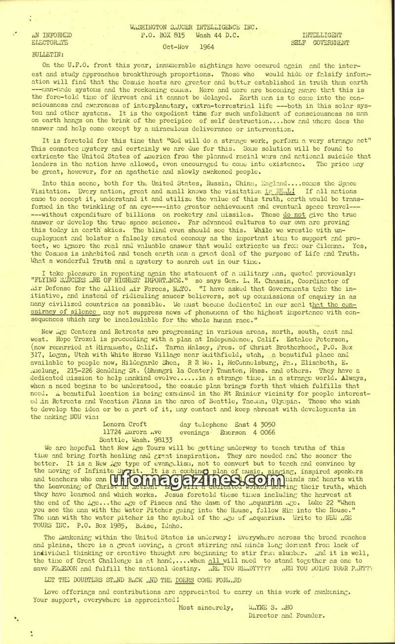 Cover of Washington Saucer Intelligence (Wayne Aho) issue Oct-Nov: WASHINGTON SAUCER INTELLIGENCE INC.
