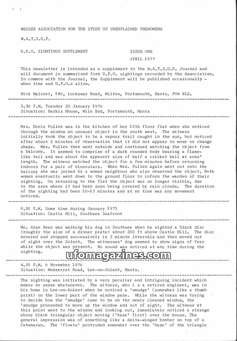Cover of WESSEX ASSOCIATION FOR THE STUDY OF UNEXPLAINED PHENOMENA issue ISSUE ONE: WESSEX ASSOCIATION FOR THE STUDY OF UNEXPLAINED PHENOMENA