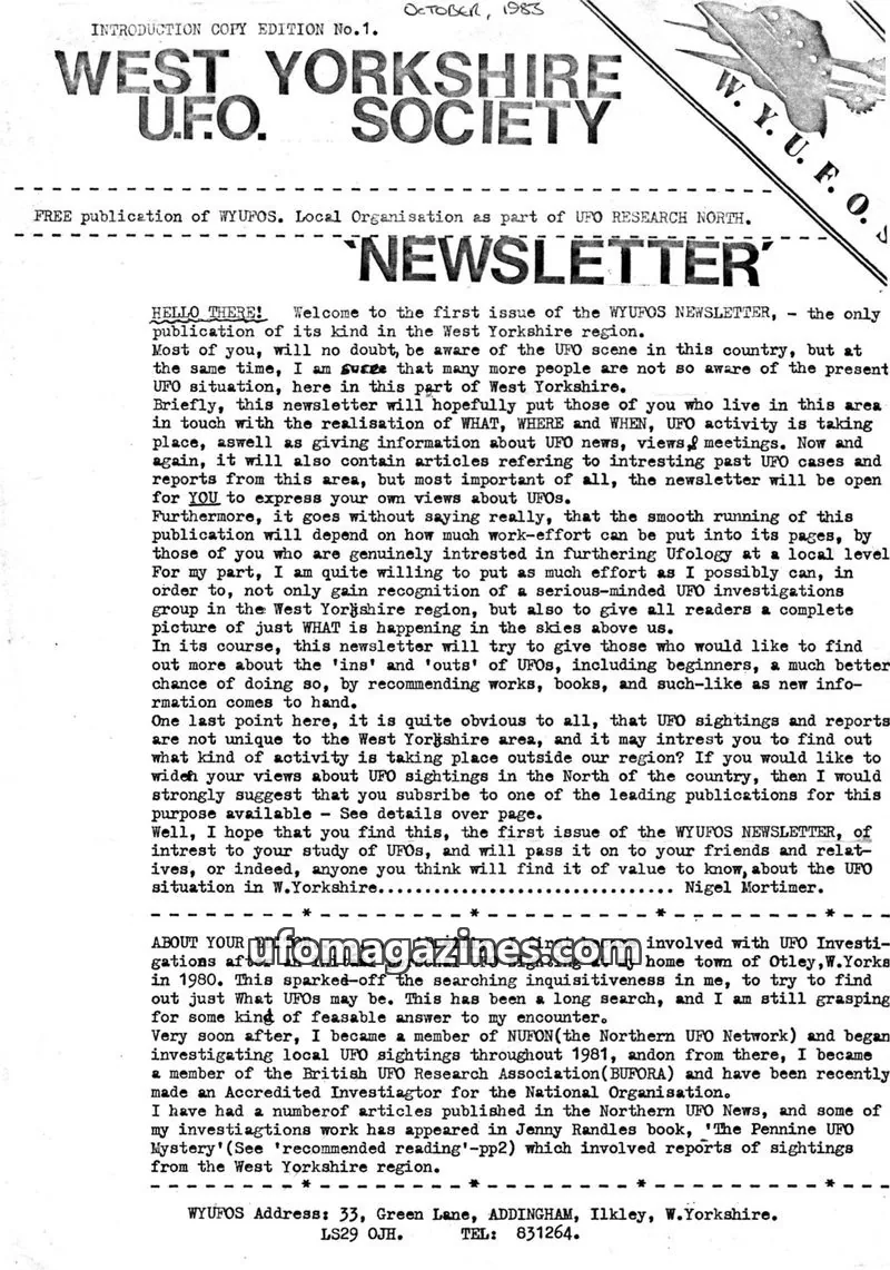 Cover of WYUFOS issue No.1: WEST YORKSHIRE UFO SOCIETY NEWSLETTER