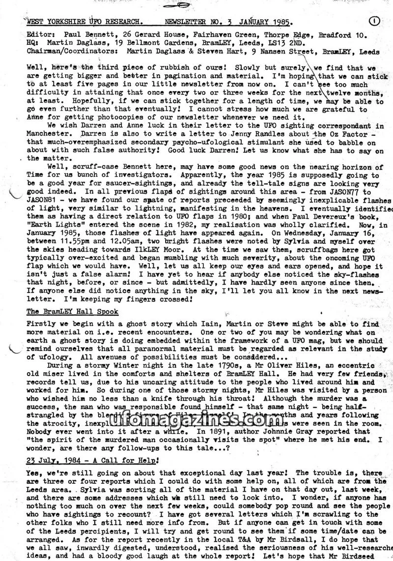 Cover of WYUFORG News (Paul Bennett and Martin Dagless) issue 3: WEST YORKSHIRE UFO RESEARCH NEWSLETTER
